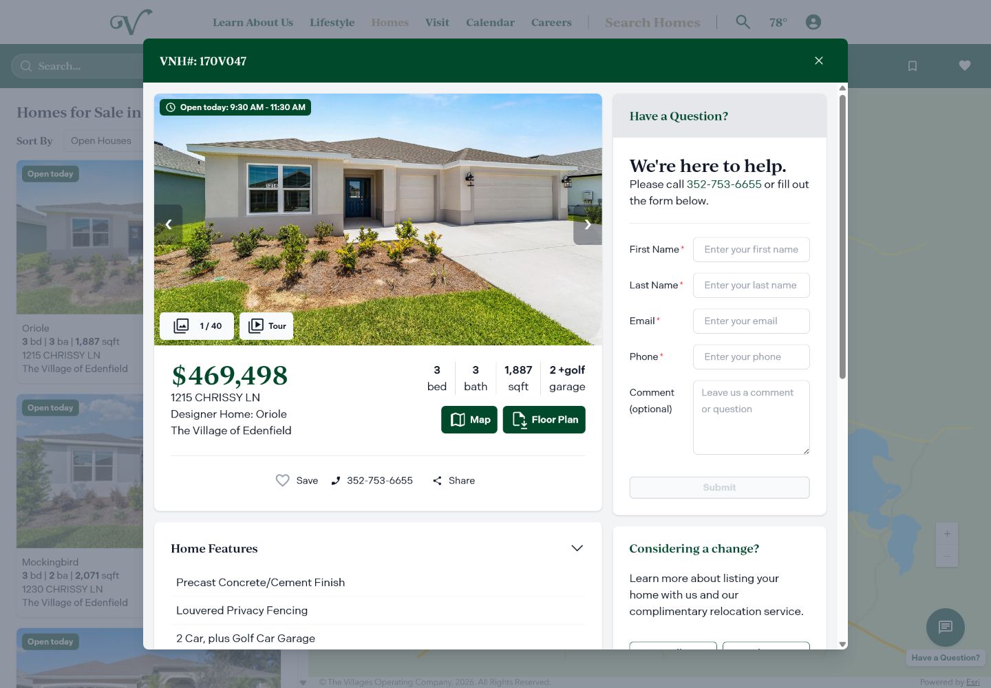 Homefinder detail layer with property gallery, specifications, floor plan, save, share, and contact actions