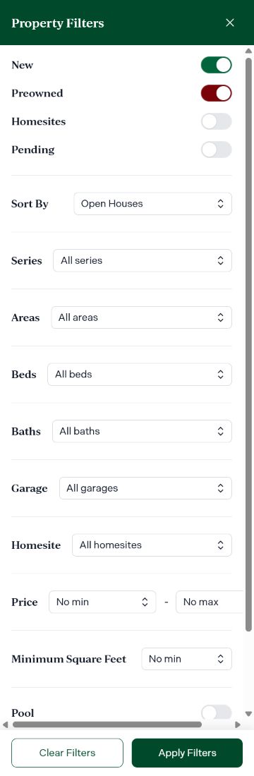 Mobile Homefinder filters with property criteria and persistent actions